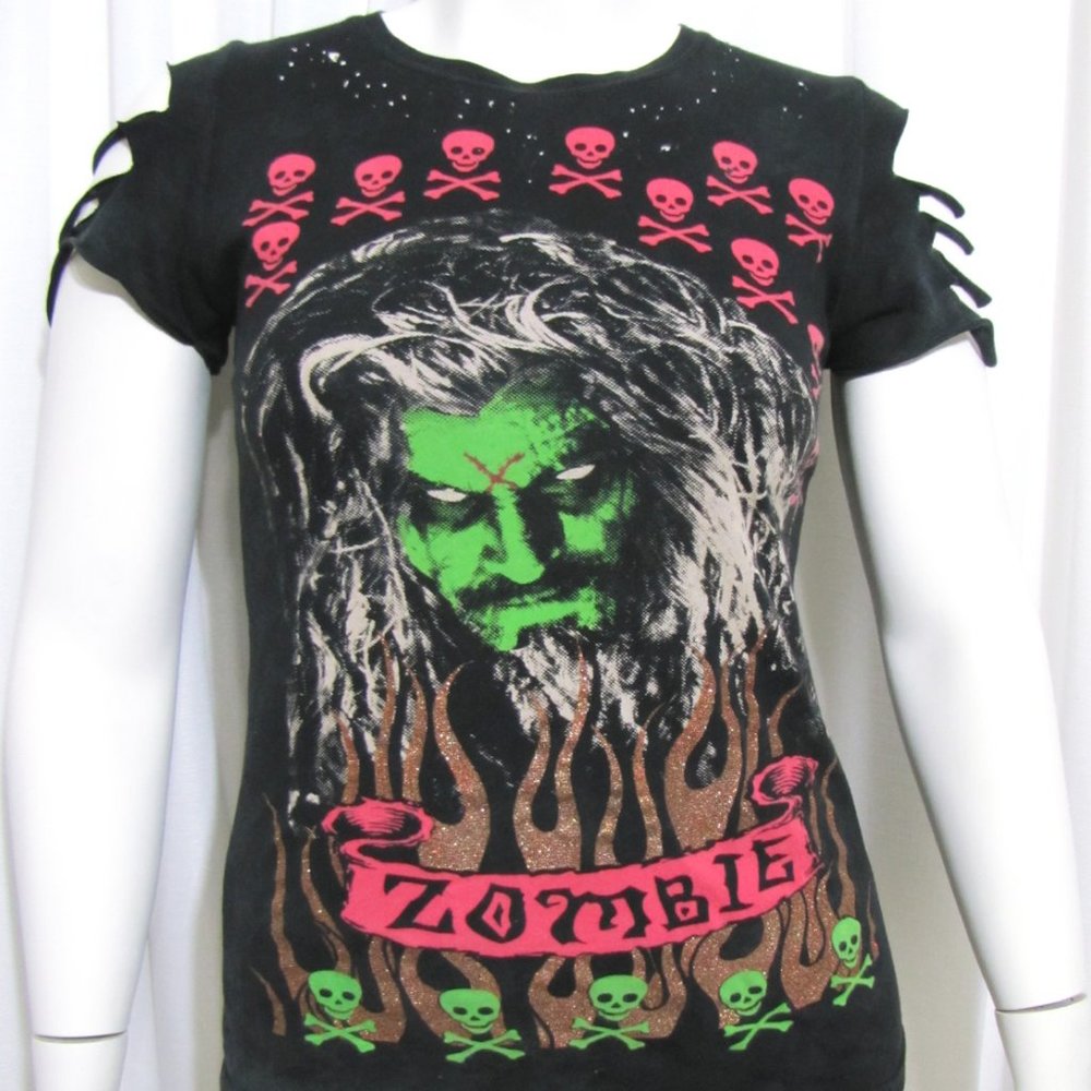 Custom L Distressed Glitter Neon Rob Zombie Top
